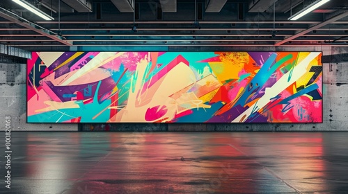 Blank mockup of a parking garage banner showcasing vibrant graffiti art and bold typography. .