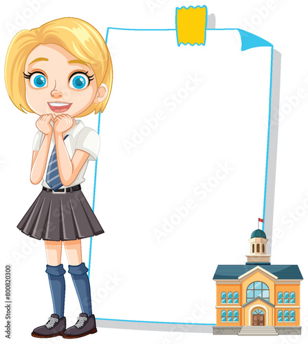 Young girl in school uniform with empty display board.