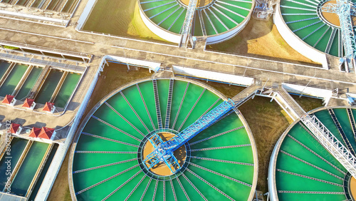 Obraz na plátně From above, a drone captures the heart of a wastewater treatment plant, where nature and engineering unite to clean polluted water