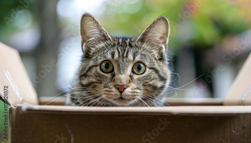 Amusing tabby cat in litter box curious gaze outside