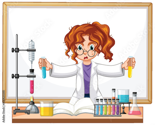 Girl in lab coat performing experiments with colorful liquids