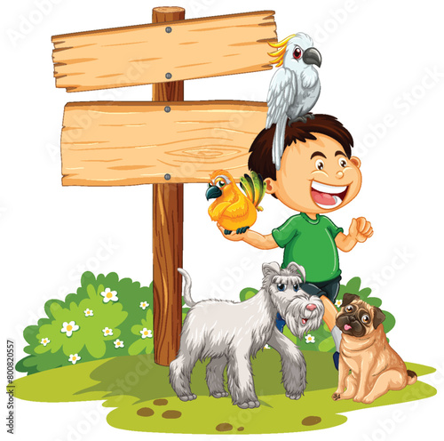 Young boy with three pets by a signpost outdoors.