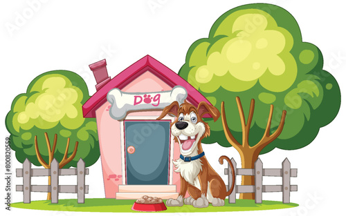 Cheerful dog standing by its colorful doghouse.