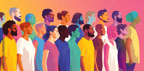 Different people stand together, each with their own unique hue and personality. The background is a gradient from light pink to dark pink, creating an atmosphere of unity. This visual representation 