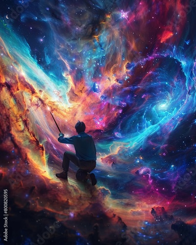 An artist painting with quasar light, capturing the universe's vibrancy photo