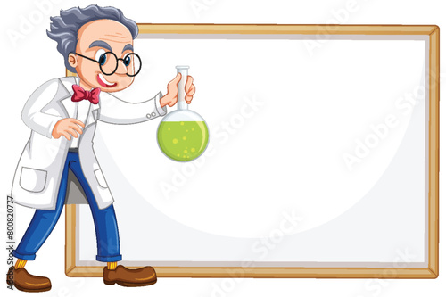 Cartoon scientist with flask near a blank whiteboard.