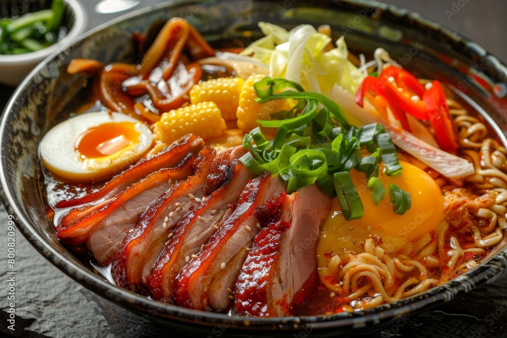 Asian noodle soup with duck cabbage pepper and egg Asian noodle soup with duck cabbage pepper and egg