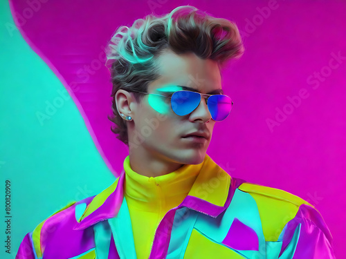 Gen- z handsome caucasian European fashionable  joker, wearing neon  swish clothes, antique style in the style of vaporwave fashion with  dupe space 