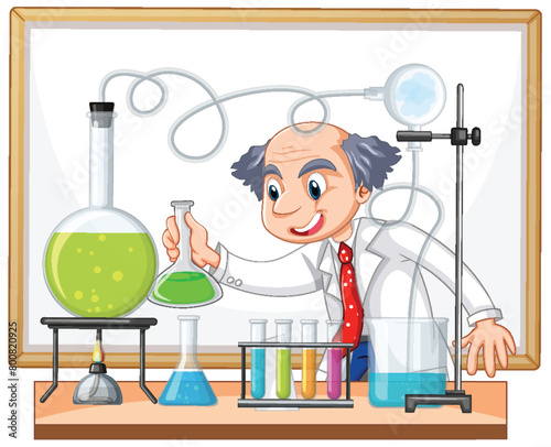 Cartoon scientist with chemicals in a lab setting.