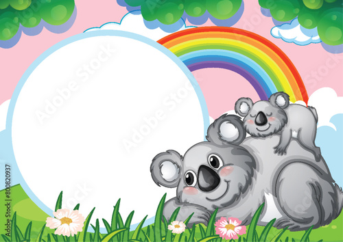 Photography Two koalas playing under a colorful rainbow