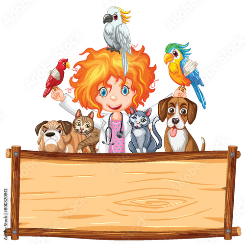 Colorful illustration of girl with birds and dogs.