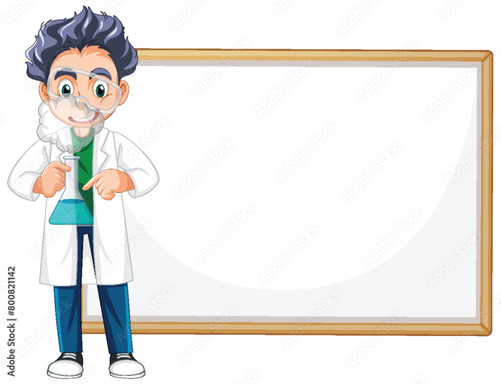 Cartoon scientist holding a flask beside a whiteboard. Cartoon scientist holding a flask beside a whiteboard.