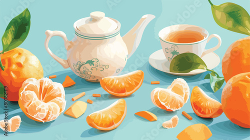 Tasty fortune cookies with tangerines and Chinese tea