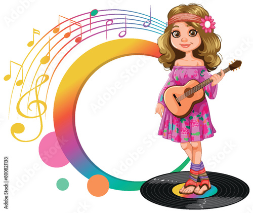 Cartoon girl playing guitar on a colorful musical background.