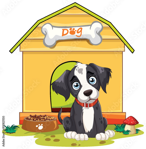 Cute cartoon puppy sitting by its doghouse