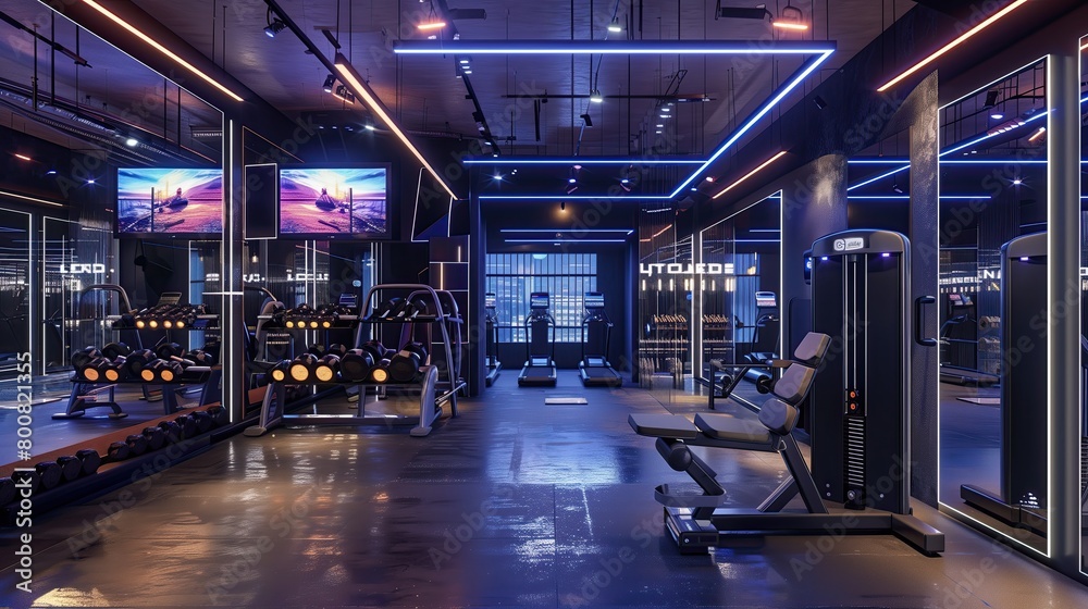 A sleek fitness studio with mirror walls and interactive workout equipment A sleek fitness studio with mirror walls and interactive workout equipment