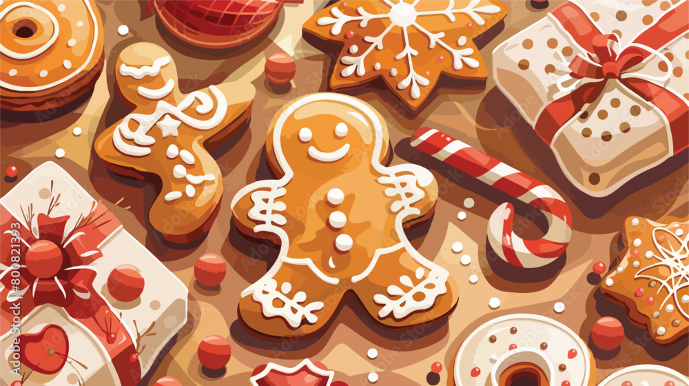 Tasty gingerbread cookies and Christmas decor on color