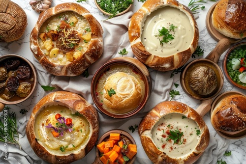 Assorted gourmet soups in bread bowls and dishes with garnishes on table