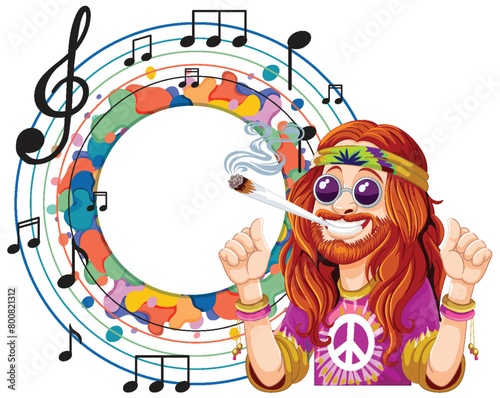 Colorful hippie character with musical notes and peace symbol.