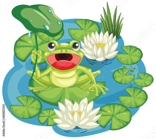 Cheerful frog sitting on water lily in pond
