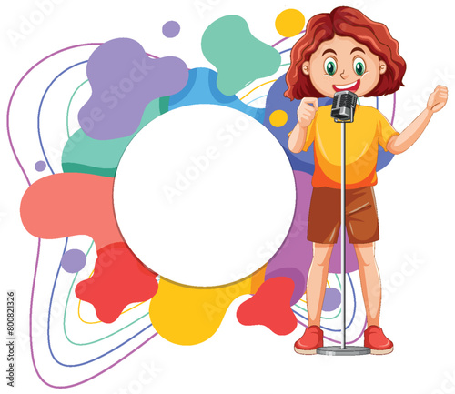 Girl podcasting with vibrant abstract shapes behind.