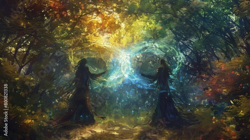 A mystical forest clearing where two powerful sorcerers stand opposite each other their hands intertwined in a symbol of unity. As . .
