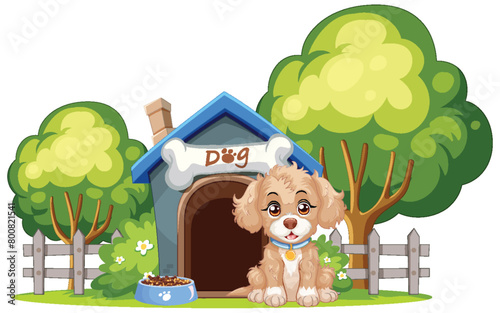 Cute dog sitting by its house surrounded by trees.