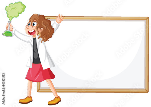 Female scientist with flask near blank whiteboard