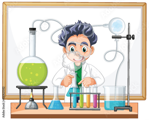 Cartoon scientist working with chemicals in lab