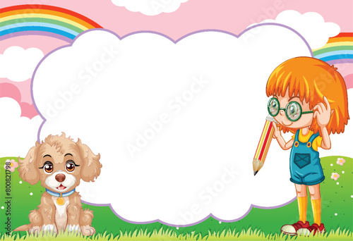 Young girl and puppy enjoying a colorful outdoor scene.