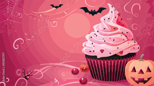 Tasty Halloween cupcake on pink background Vector illustration