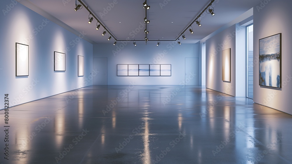 A sleek home gallery with adjustable spotlights and a polished concrete floor