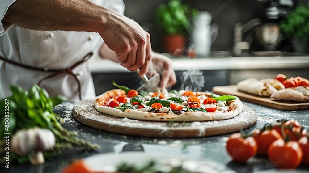 An expert chef making pizza in a restaurant kitchen, shown in close-up. copy space for text.