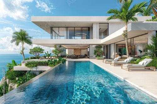 Modern villa with infinity pool and terrace overlooking the sea. Created with Ai © 360Degree
