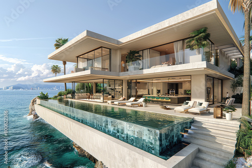 Modern mansion with pool and terrace overlooking the sea, in beige tones, modern style architecture, large windows on each floor. Created with Ai © 360Degree