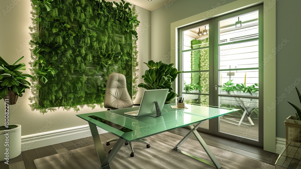 Fototapeta premium A sleek home office with a glass desk and a green wall for a refreshing ambiance