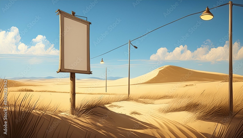 Generative AI illustration of empty advertising signboard with street light pole against cloudless blue sky in sandy countryside on sunny day Generative AI illustration of empty advertising signboard with street light pole against cloudless blue sky in sandy countryside on sunny day