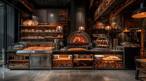Create an inviting display of a contemporary pizzeria, with wood-fired ovens, pizza tossers, and a menu of gourmet pizza creations. copy space for text. photo