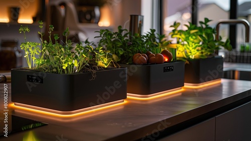 A sleek indoor garden with self-watering planters and mood lighting © Aeman