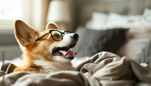 Bored and relaxed corgi in glasses in bed yawning smiling watching TV on a day off photo