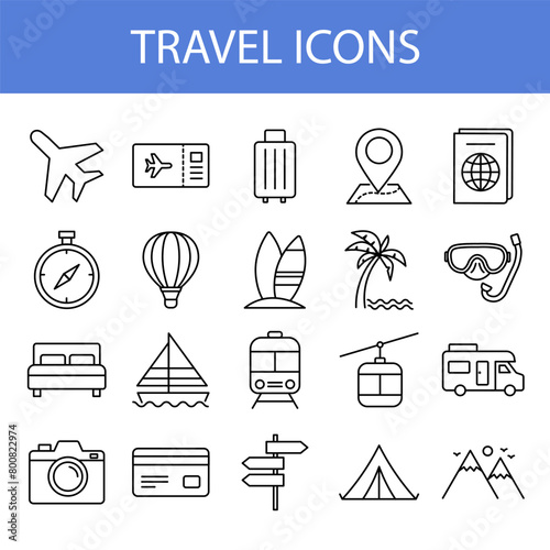 travel and tourism outline icon set isoleted on white background. vector illustration flat design. vacation holiday thin line style.