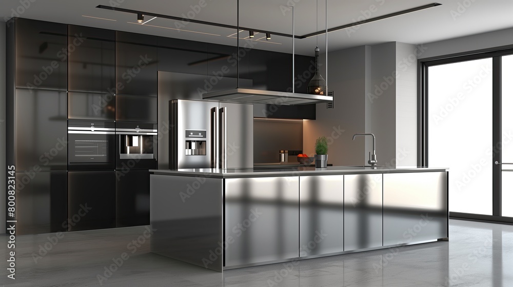 A sleek kitchen with integrated smart appliances and a reflective island A sleek kitchen with integrated smart appliances and a reflective island