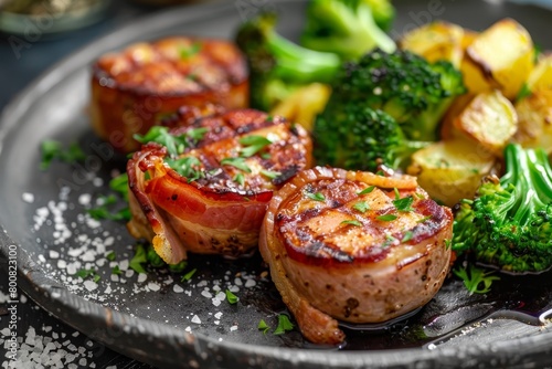 Bacon wrapped pork medallions with potatoes and broccoli