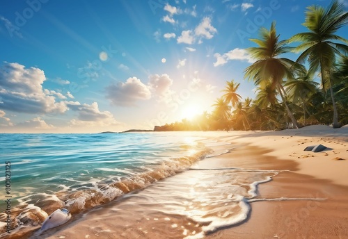 beautiful summer tropical beach with palm trees. The sea with white sand. Sunset sky, a bright summer illustration with an empty space for advertising