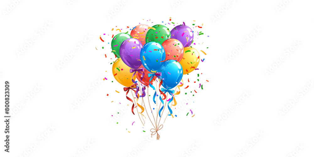 A bunch of colorful balloons with ribbons and confetti in the style of clip art on a white background.