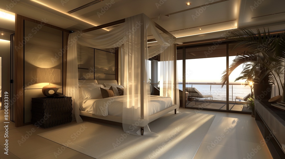 A sleek master suite with a canopy bed and a sleek private balcony
