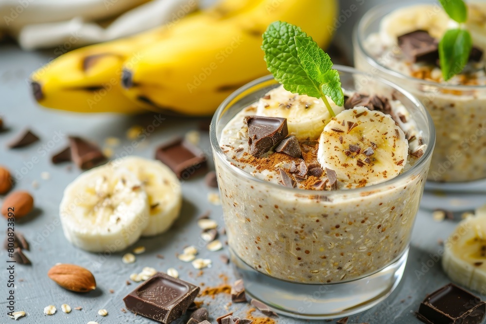 Banana oats quinoa Chia pudding with banana and chocolate decoration overnight