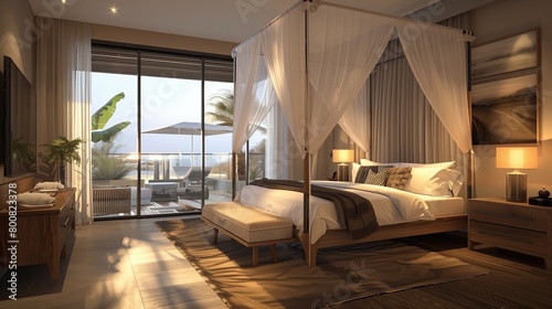 A sleek master suite with a canopy bed and a private balcony
