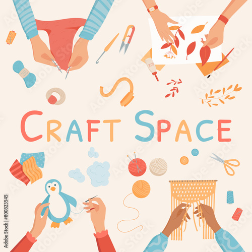 Flat handmade art craft space banner concept, cartoon hands create colorful craftwork hobby collection, creative workshop top view vector illustration, handicraft children activity social concept
