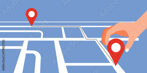 man's hand puts waypoint on the map. traffic route on the map. vector illustration.